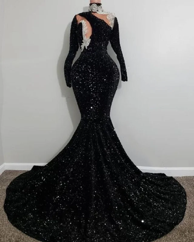 Affordable Trendy Clothes For Women Black velvet seqins dress,Mermaid dress,Long Reception dress, Long sleeve Prom dress, Black girl dress,Wedding dress,V neck dress,Free shipp