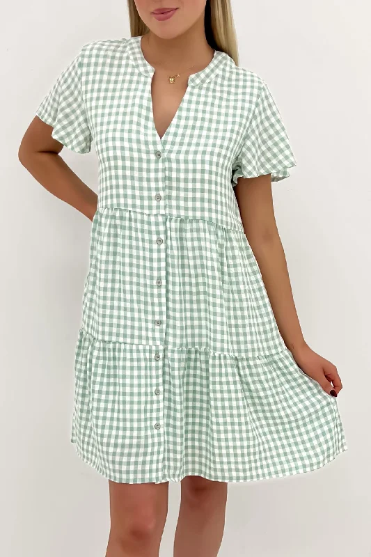 Vintage-Inspired Garments Elijah Mini Dress Sage Gingham