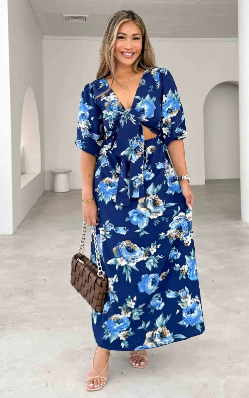 Women's Athletic Garments Roza Long Sleeve Maxi Dress - Navy Blue Floral