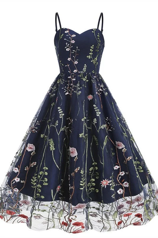 Women's Vintage Clothes Plus Size Navy Blue Floral Embroidered Sweetheart Midi Dress