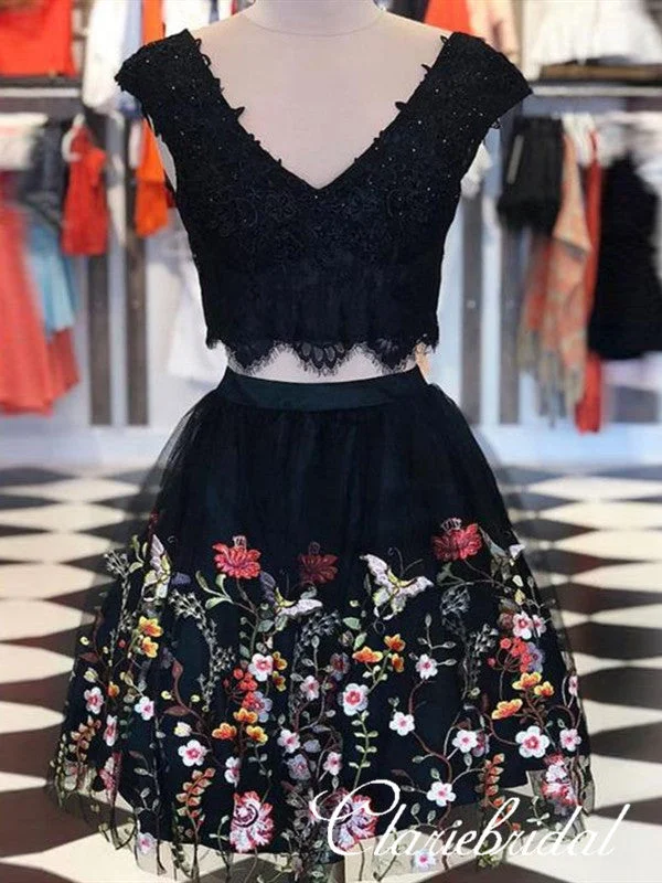 Women's Clothes For Work 2 Pieces V-neck Black Lace Floral Tulle Homecoming Dresses