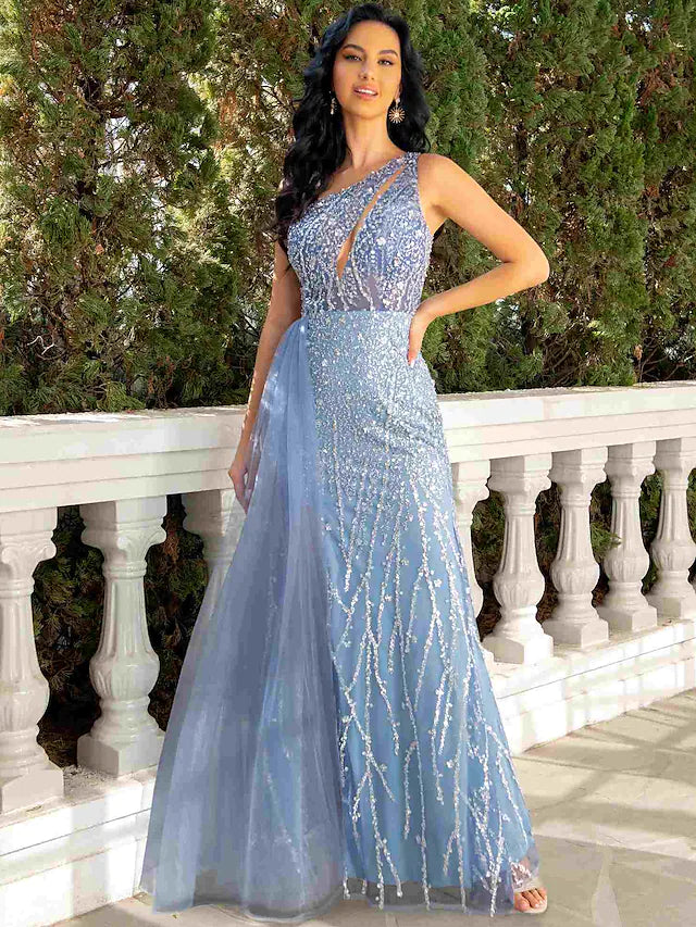 Formal Attire For Women Evening Gown Cut Out Dress Wedding Party Floor Length Sleeveless One Shoulder Tulle with Sequin