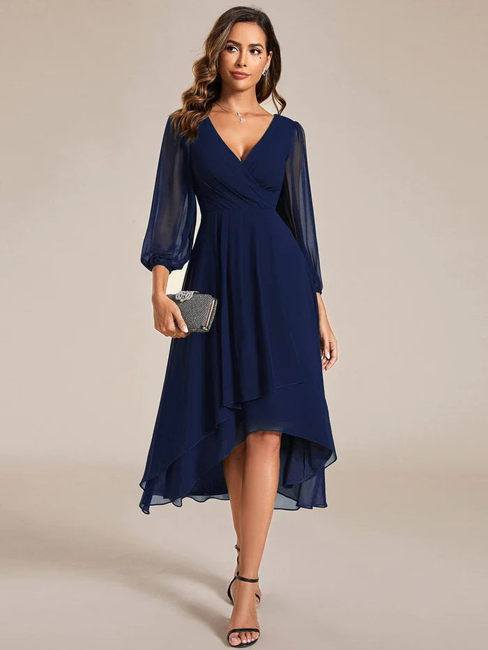 Women's Outerwear Garments Elegant Long Sleeve V-Neck High Low Chiffon Wedding Guest Dress