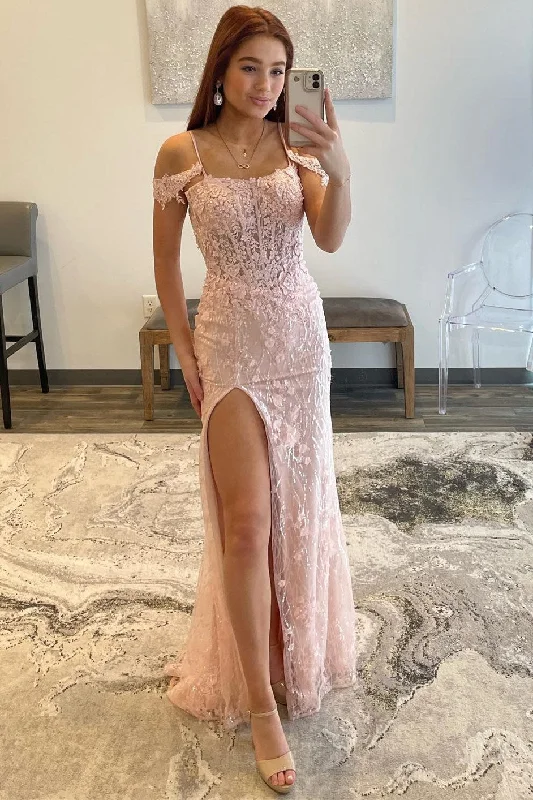 Women's Party Outfit Pink Floral Lace Cold-Shoulder Mermaid Long Prom Dress with Slit