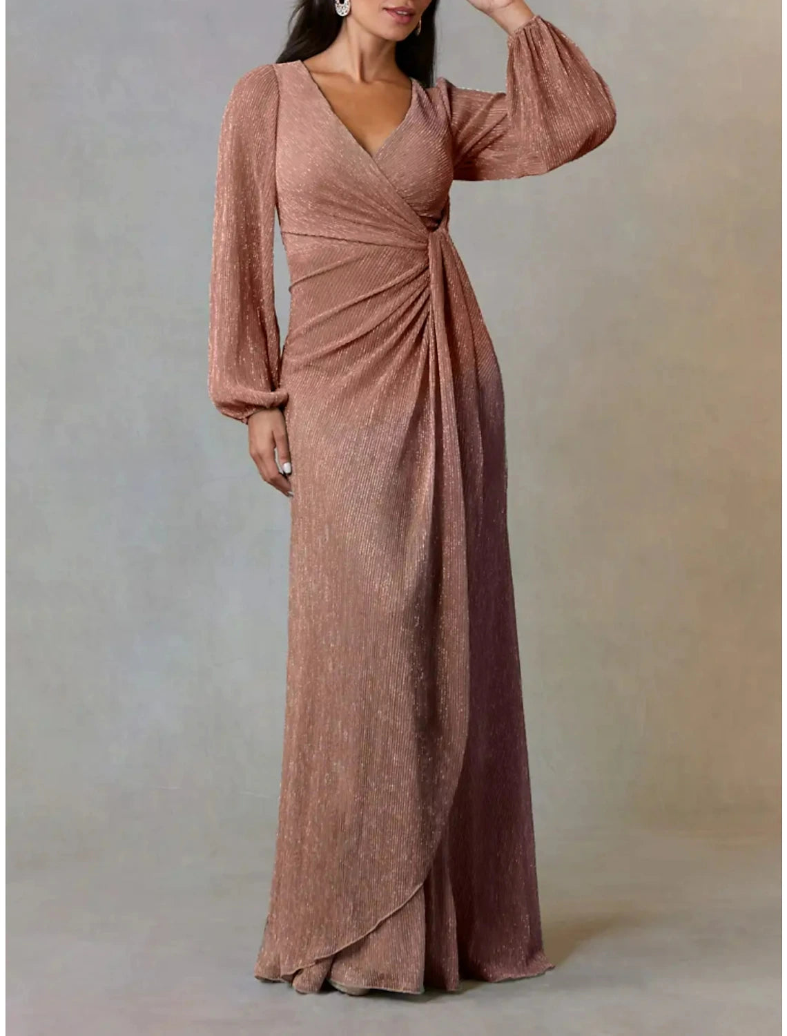 Affordable Women's Garments A-Line Mother of the Bride Dress Wedding Guest Simple Elegant V Neck Floor Length Chiffon Long Sleeve with Ruching Solid Color