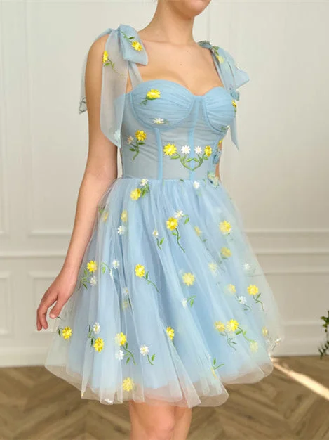 Chic Clothes For Women Cute Floral Blue Homecoming Dresses, Short Prom Dresses, Boned Mini Dresses, 2022 Prom Dresses