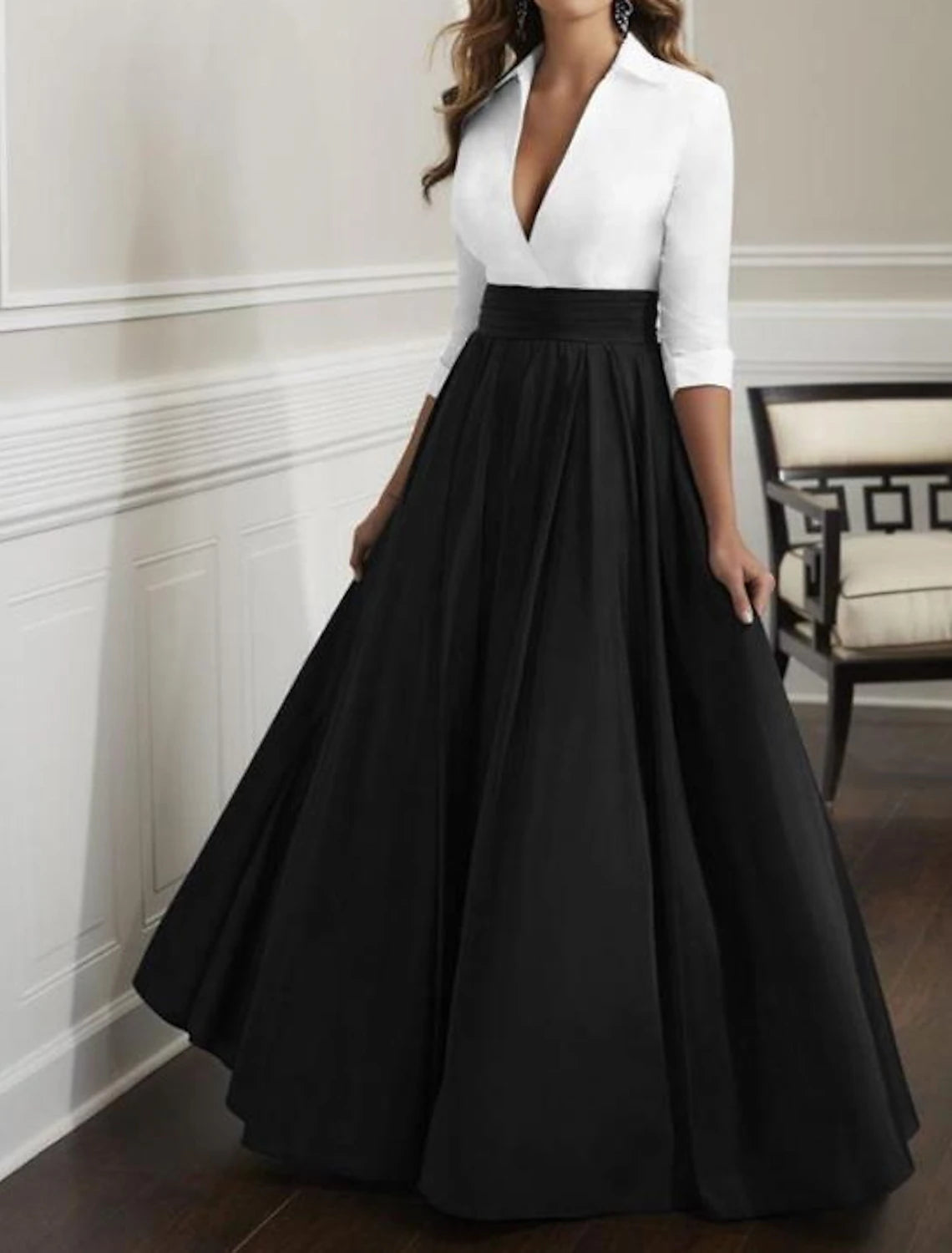 Women's Luxury Apparel A-Line Mother of the Bride Dress Fall Wedding Guest Elegant & Luxurious Plunging Neck Floor Length Satin Half Sleeve with Ruching