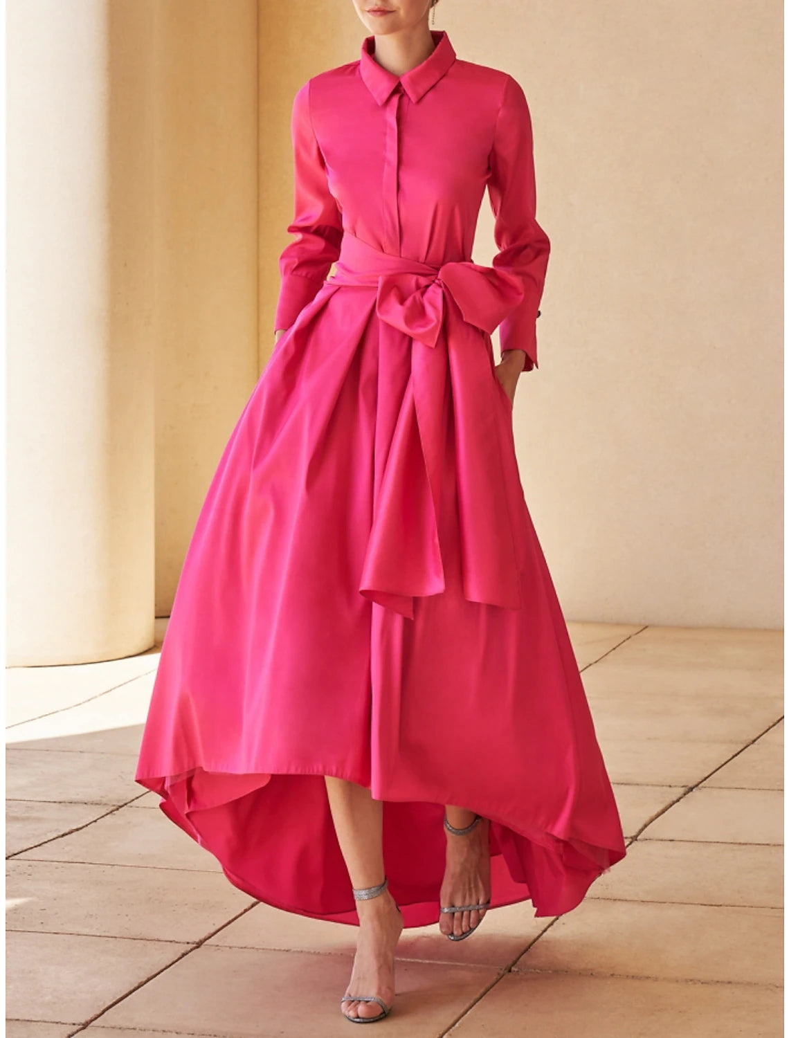 Women's Clothing With Trendy Designs A-Line Mother of the Bride Dress Wedding Guest Elegant Shirt Collar Asymmetrical Satin Long Sleeve with Sash / Ribbon Ruching