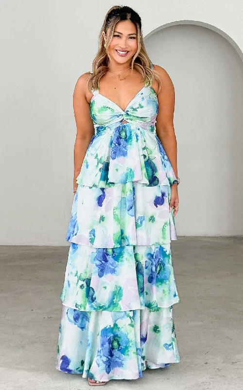 Women's Functional Outfit For Outdoor Activities Cherika Maxi Dress - Blue Green Floral