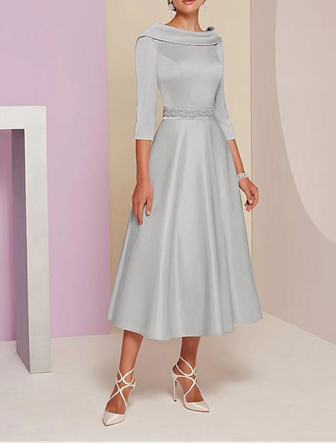 Women's Holiday Apparel A-Line Mother of the Bride Dress Wedding Guest Vintage Plus Size Elegant Bateau Neck Tea Length Satin 3/4 Length Sleeve with Beading