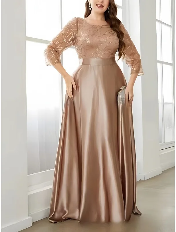 Women's Transitional Garments A-Line Plus Size Curve Mother of the Bride Dress Wedding Guest Plus Size Sparkle & Shine Scoop Neck Sweep / Brush Train Satin 3/4 Length Sleeve with Pleats Sequin