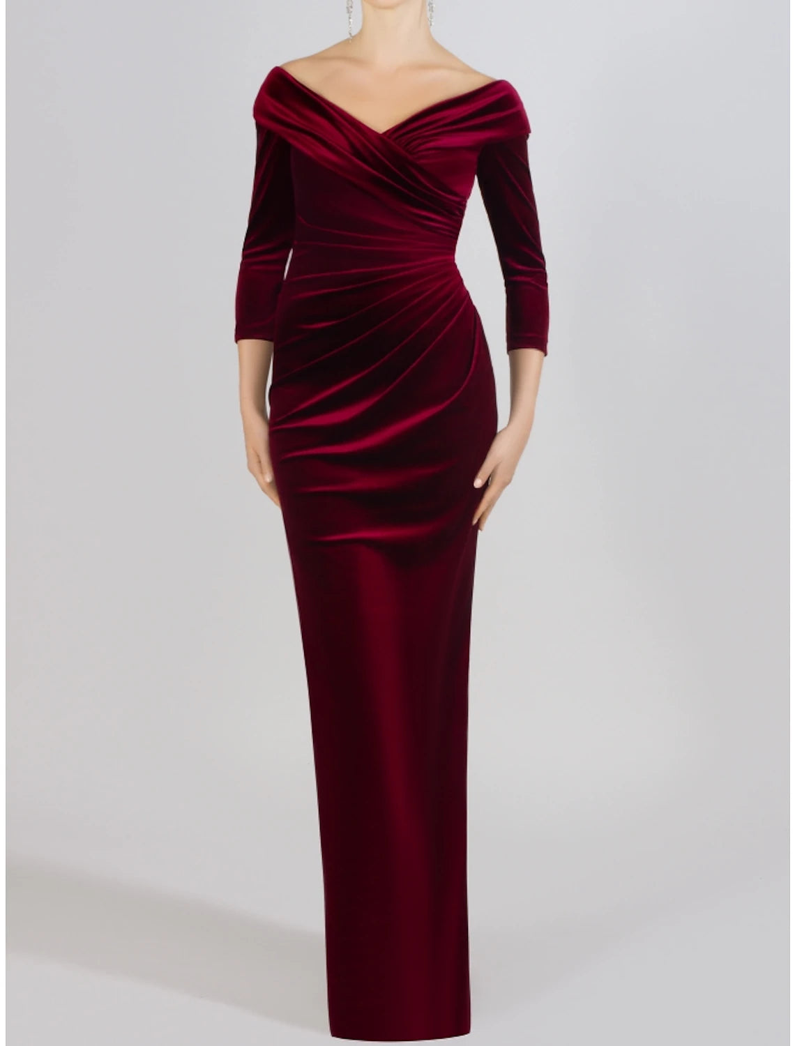 Women's Holiday Outfit Sheath / Column Mother of the Bride Dress Wedding Guest Elegant Off Shoulder Floor Length Velvet 3/4 Length Sleeve with Split Front Ruching