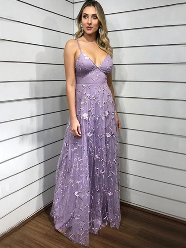 Elegant Women's Attire Dusty Violet Spaghetti Straps V-neck A-line Long Floral Prom Dress, PD3253