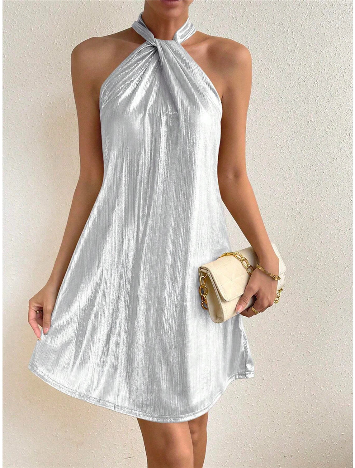 Luxury Women's Clothes Women's Party Dress Wedding Guest Dress Sexy Dress Mini Dress Silver Gold Sleeveless Pure Color Sparkle Spring Fall Winter Halter Neck Fashion Wedding Guest Birthday Vacation Loose Fit