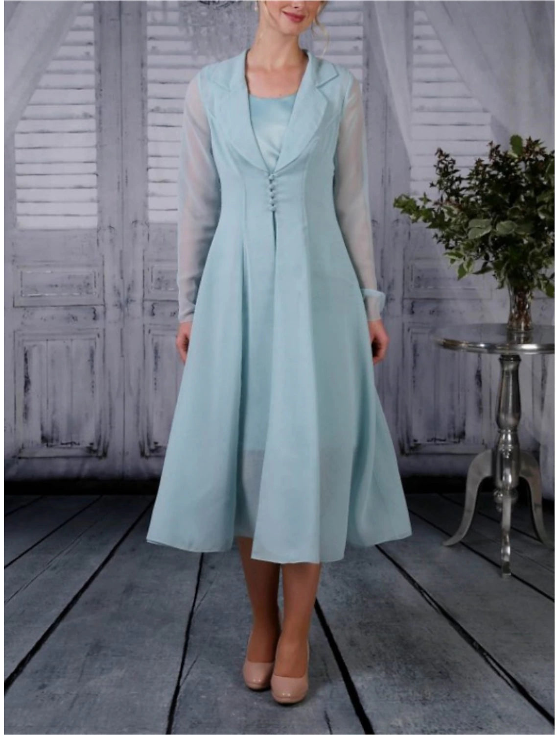 Women's Functional Outfit For Outdoor Activities Two Piece A-Line Mother of the Bride Dress Wedding Guest Simple Elegant Shirt Collar Tea Length Chiffon Long Sleeve with Pleats Solid Color