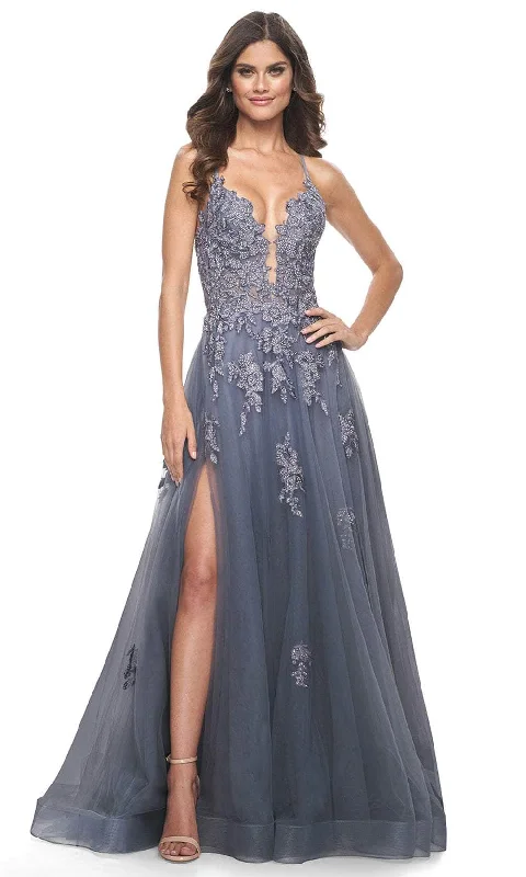 Comfortable Women's Attire La Femme 31472 - Beaded Appliqued Plunging Prom Gown