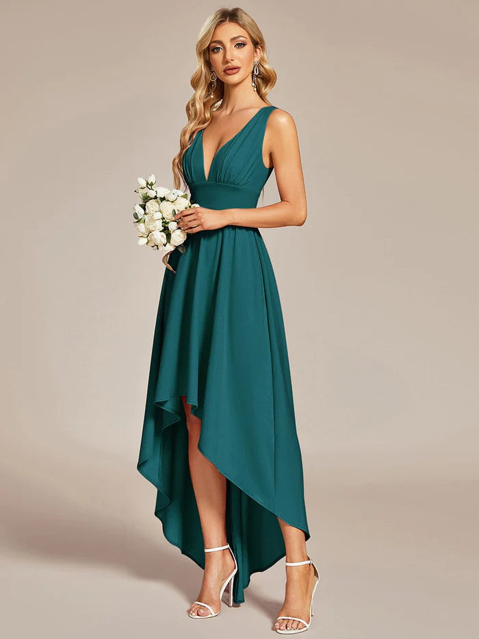 Women's Seasonal Clothes Deep V-Neck High-Low Sleeveless A-Line Wedding Guest Dress