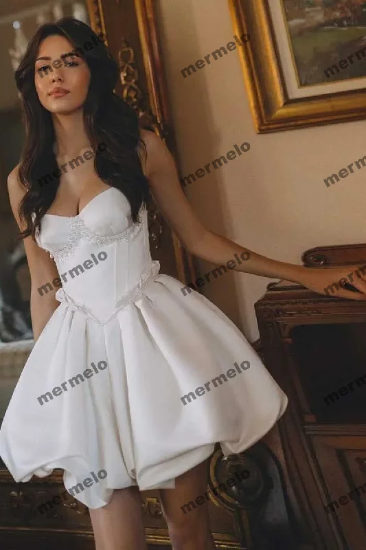 Women's Activewear Outfit Cute White Short Bridal Dress with Pearls Bubble Skirt A Line Short Party Dresses Sweetheart Mini Length Wedding Bride Dress