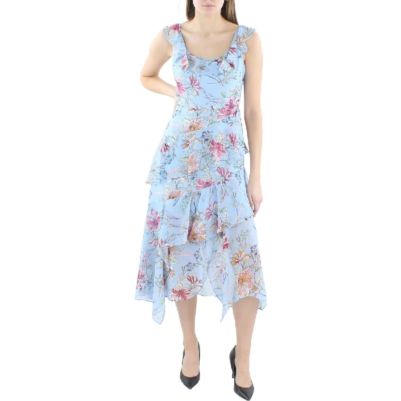 Affordable Luxury Women's Garments BCBGMAXAZRIA Womens Floral Tiered Midi Dress