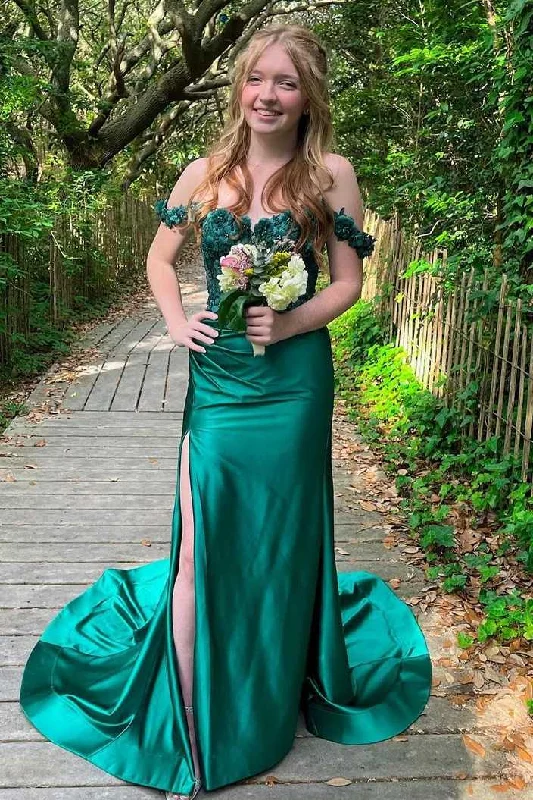 Women's High-End Clothing Off-Shoulder 3D Floral Mermaid Pleated Green Formal Prom Dress with Train