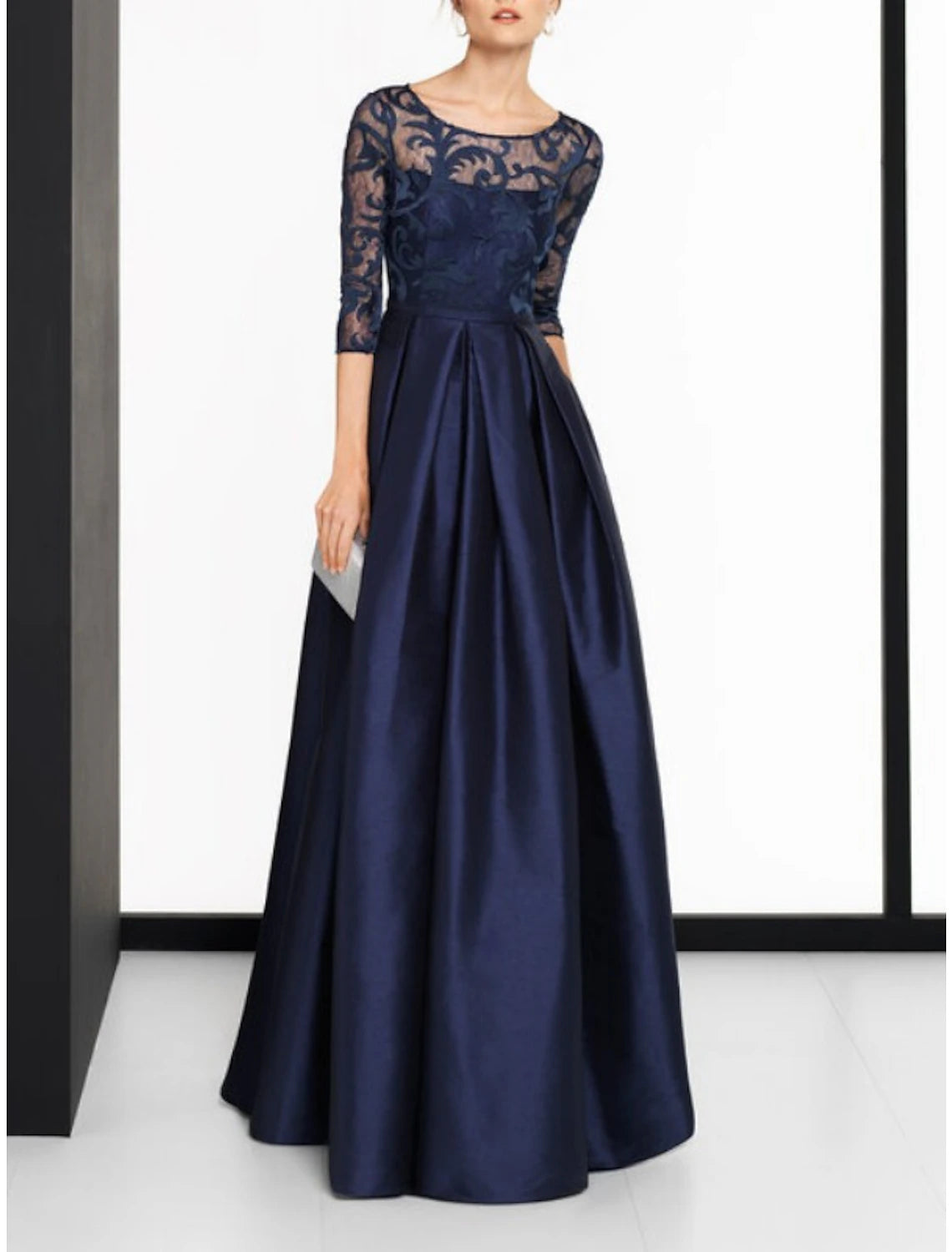 Timeless Women's Garments A-Line Mother of the Bride Dress Wedding Guest Vintage Elegant Jewel Neck Floor Length Satin Lace 3/4 Length Sleeve with Pleats Solid Color