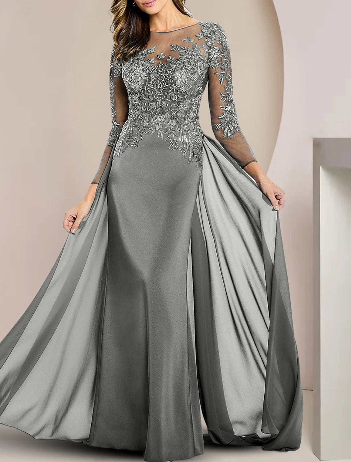 Women's Outerwear Apparel Sheath / Column Mother of the Bride Dress Formal Wedding Guest Elegant Scoop Neck Floor Length Chiffon Lace Long Sleeve with Beading Appliques