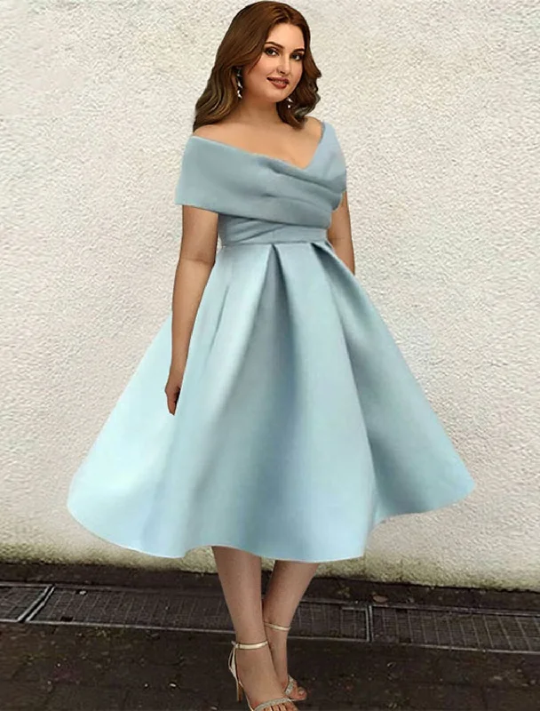 Women's Vintage Clothes A-Line Cocktail Dresses 1950s Dress Wedding Guest Tea Length Short Sleeve V Neck Satin with Sleek Pleats Pure Color