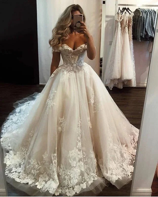 Women's Chic Outfit Tulle Appliques Ball Gown Beautiful Off The Shoulder Wedding Dress         S3696