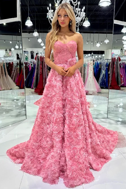 Formal Outfit For Women Pink Floral Petal Appliques Sweetheart A-Line Long Prom Dress