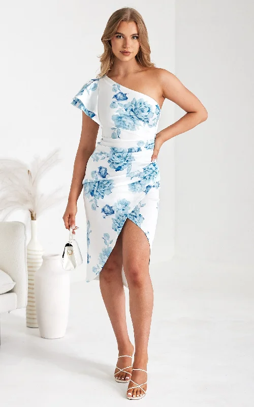 Women's Holiday Apparel Jace Midi Dress - White Blue Floral