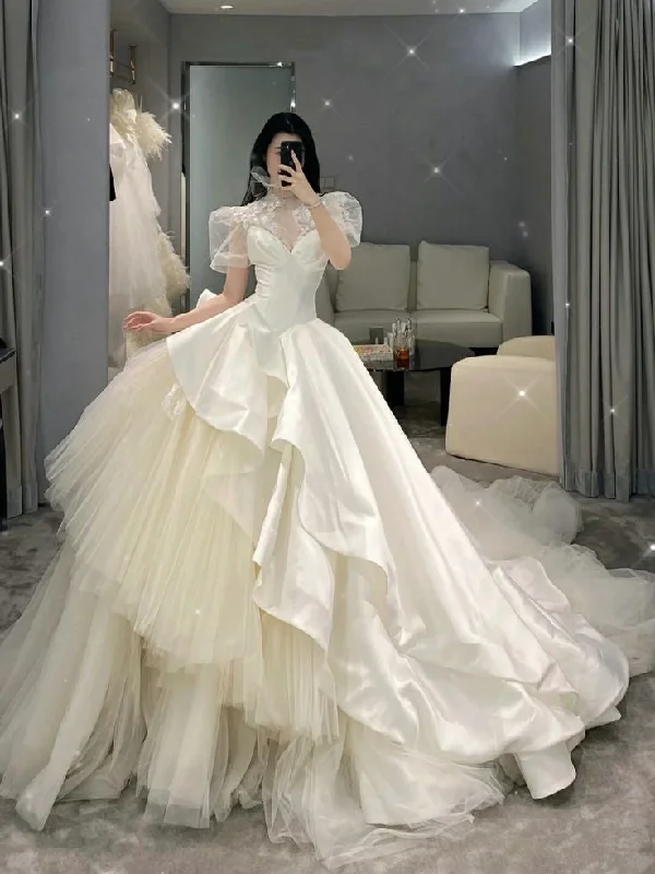 Women's High-Fashion Attire A Line Tulle Wedding Dresses Puff Sleeves Long Bridal Gowns    S6649