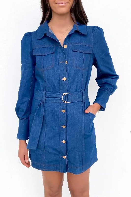 Women's Comfortable Lounge Attire Amelia Denim Mini Dress Mid Blue