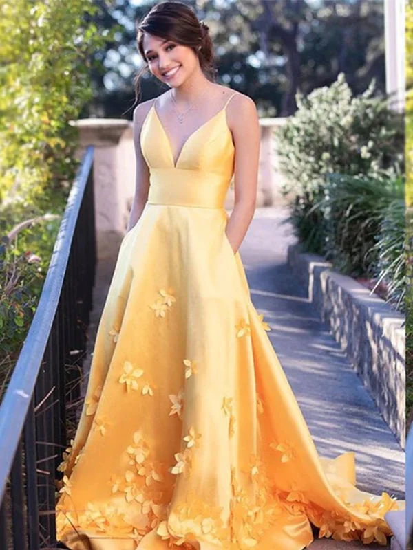 Women's Office Outfit Chic Bright Yellow V-neck Spaghetti Floral Backless A-line Long Prom Dress, PD3139