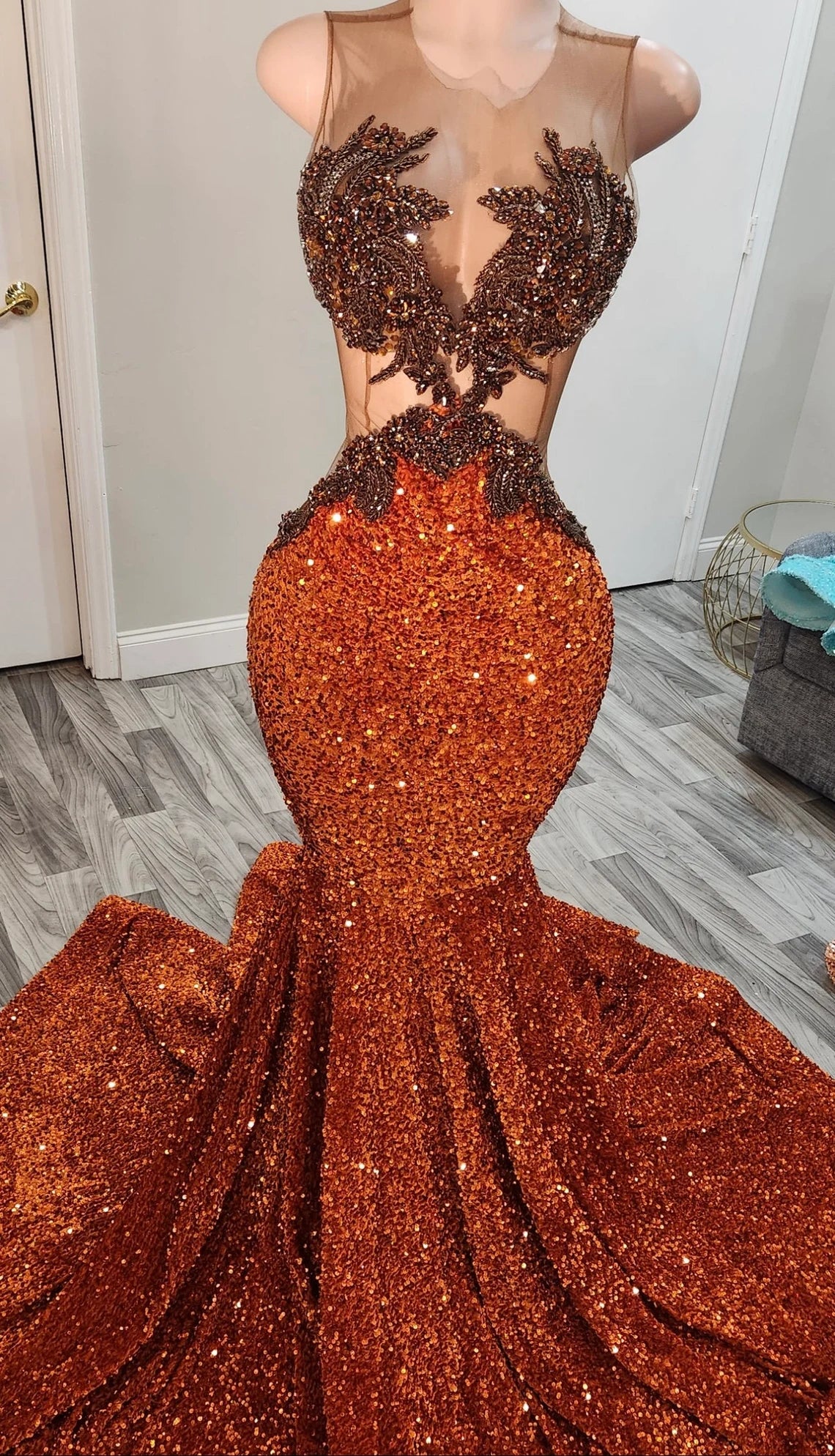 Timeless Women's Apparel Luxury burnt orange velvet seqins dress,Mermaid dress,Long Reception dress, Black girl dress,Wedding dress,Free shipping