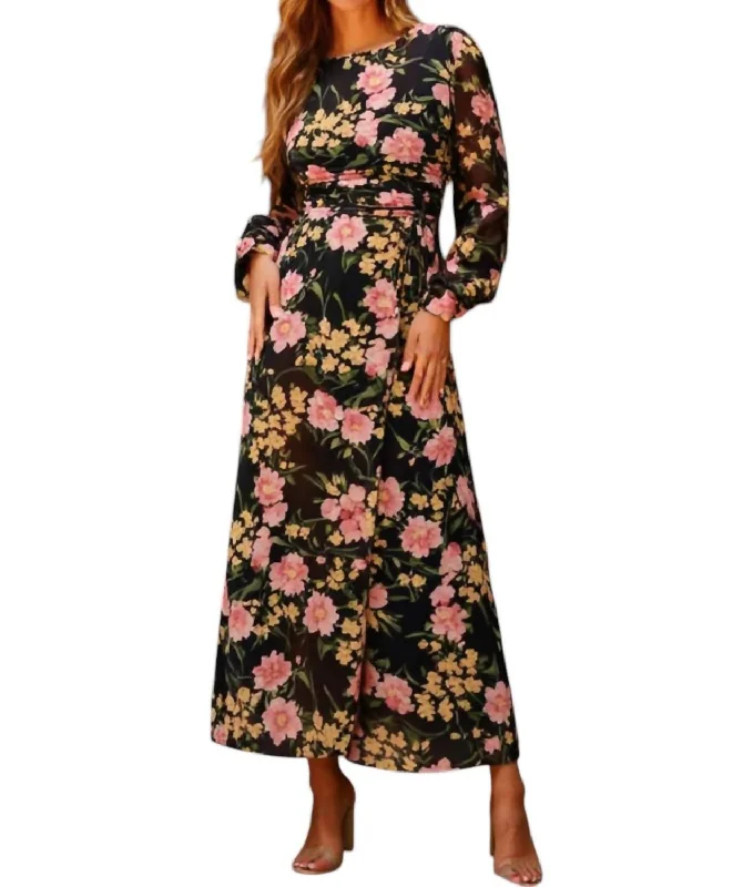 Trendy Athleisure Clothing For Women Floral Maxi Dress With Sheer Sleeves And Waist Tie Detail In Black Floral