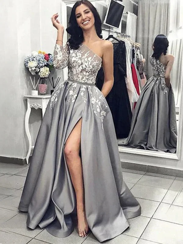 Chic Women's Attire Elegant Grey One-shoulder Floral Top Side-slit A-line Long Prom Dress, PD3251