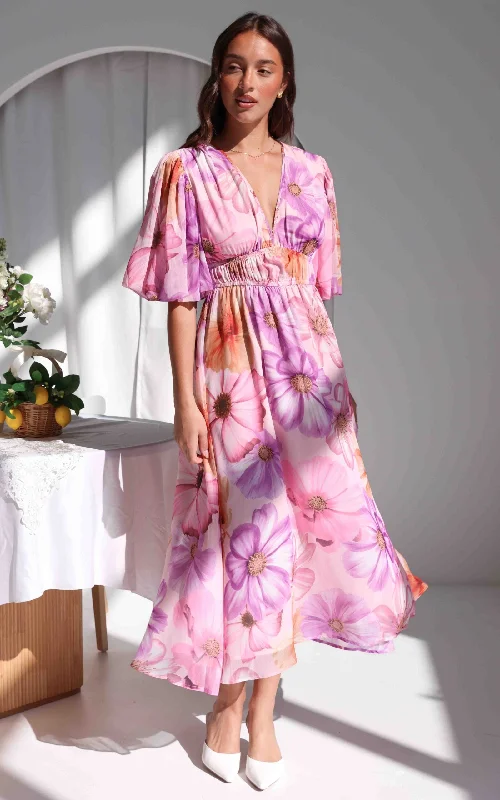 Women's Formal Event Outfit Diana Short Sleeve Maxi Dress - Pink Lilac Floral