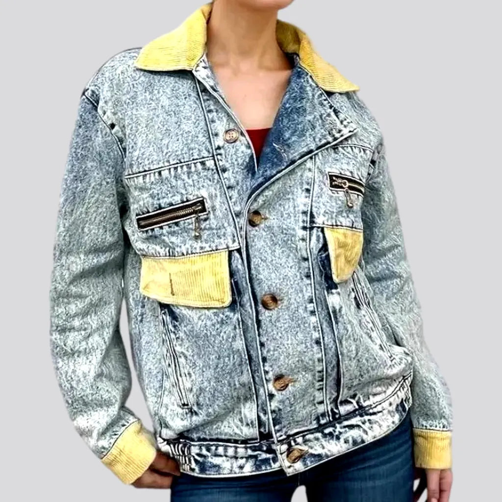 Casual Clothing For Women Faded wash corduroy collar denim jacket for women