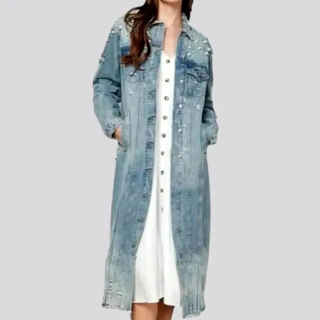 Women's Professional Garments Long pearl denim jacket
 for women