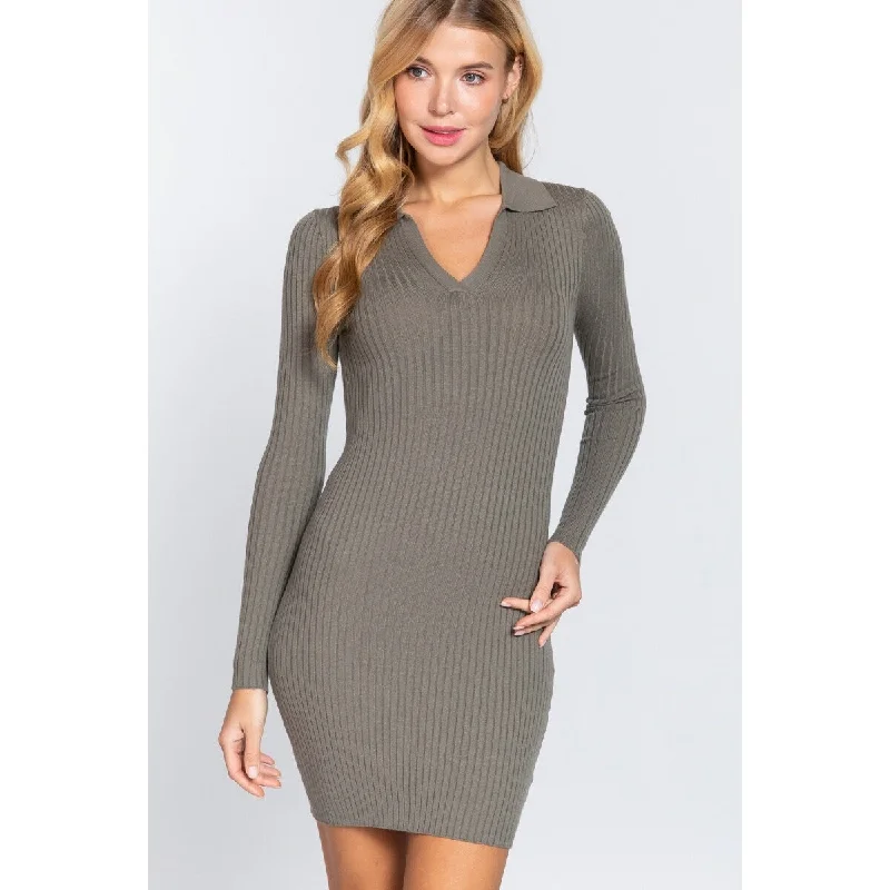 Women's Trendy Clothes Long Sleeve Sage Green V-neckline Rib Mini Dress Sweater