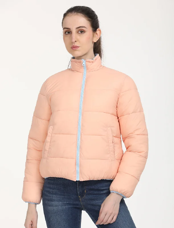 Elegant Women's Attire Women's Quilted Light-Pink High Neck Puffer Jacket