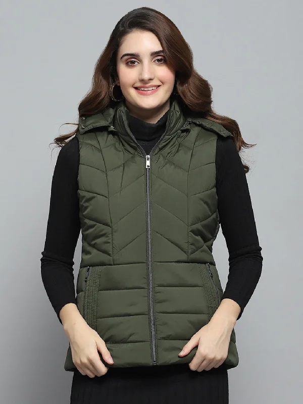 Women's Clothing Sets Women Olive Solid Detachable Hood Sleeveless Jacket