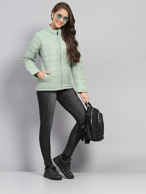 Women's Elegant Clothes Women Green Solid Mock Neck Full Sleeve Jacket