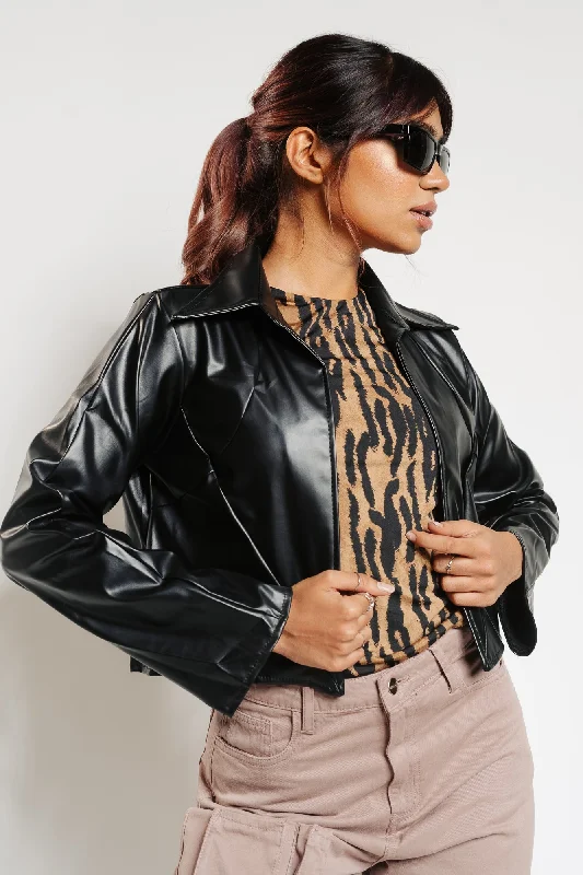 Women's Tops And Clothing Black Seam Leather Shacket