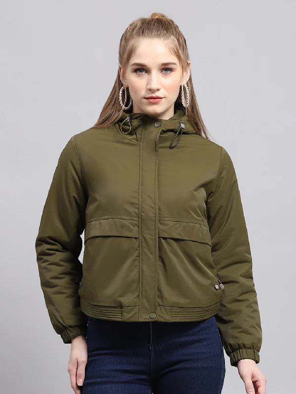 Affordable Women's Clothing Women Green Solid Hooded Full Sleeve Jacket