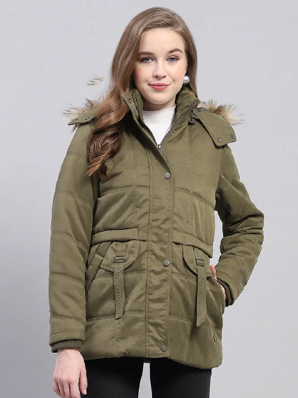 Fashion-Forward Women's Clothing Women Green Solid Detachable Hood Full Sleeve Jacket