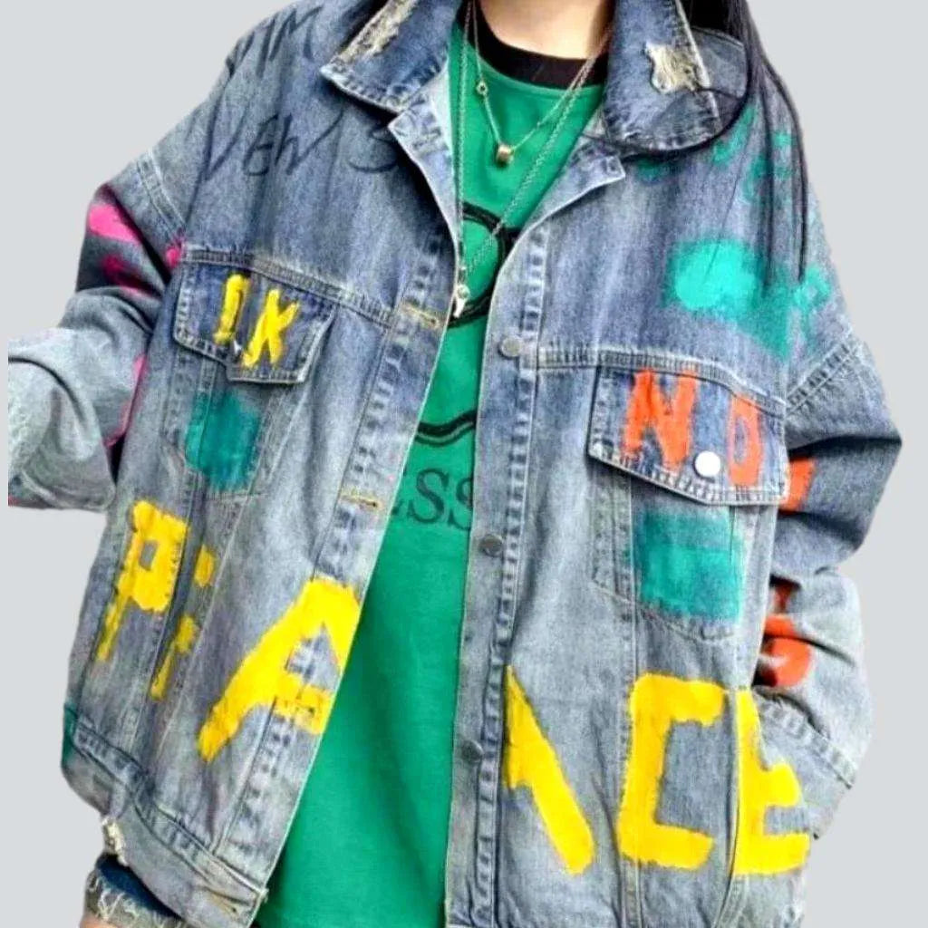 Charming Women's Garments Neon letters vintage denim jacket
 for ladies