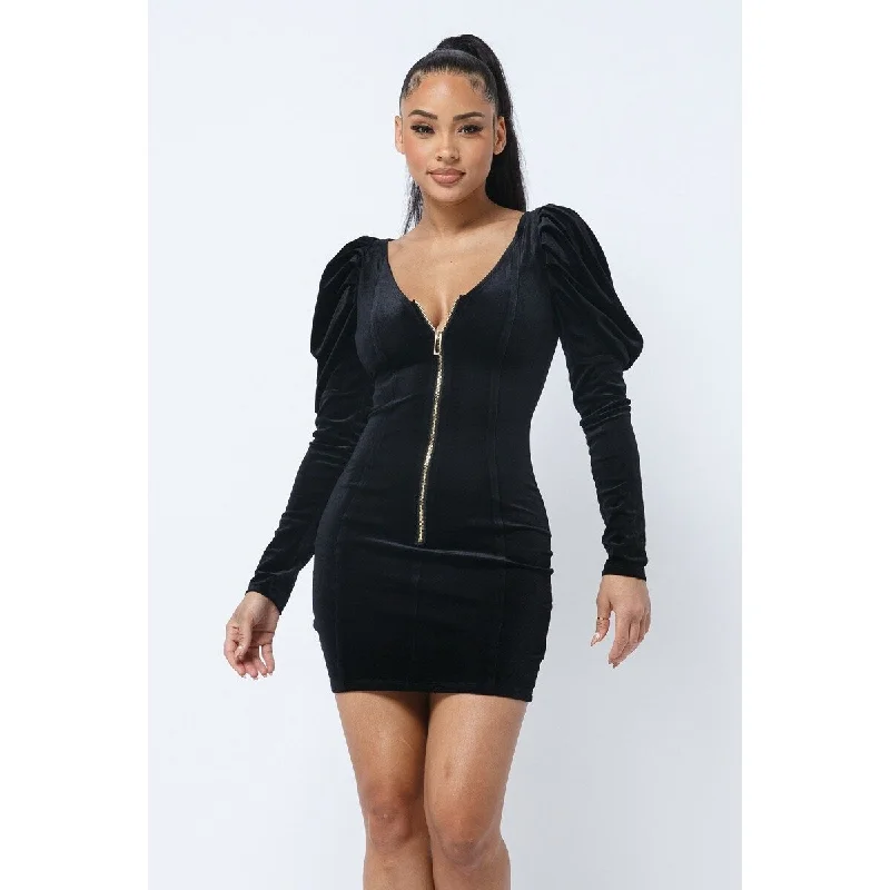 Women's Athletic Clothes Black Soft Velvet Pleated Puff Sleeve Mini Dress with Low V-neck Front and Back