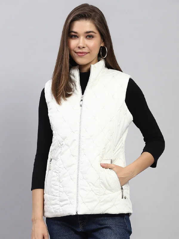 Women's Casual Garments Women White Embroidered Mock Neck Sleeveless Jacket