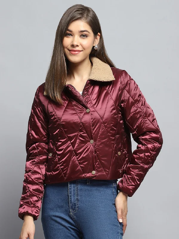 Women's Travel Outfit Set Women Maroon Solid Collar Full Sleeve Jacket